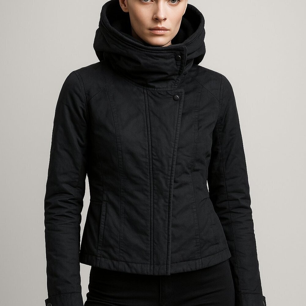 JNBY Women’s Black High Collar Jacket Size L Asymmetrical Zip Modern Minimalist